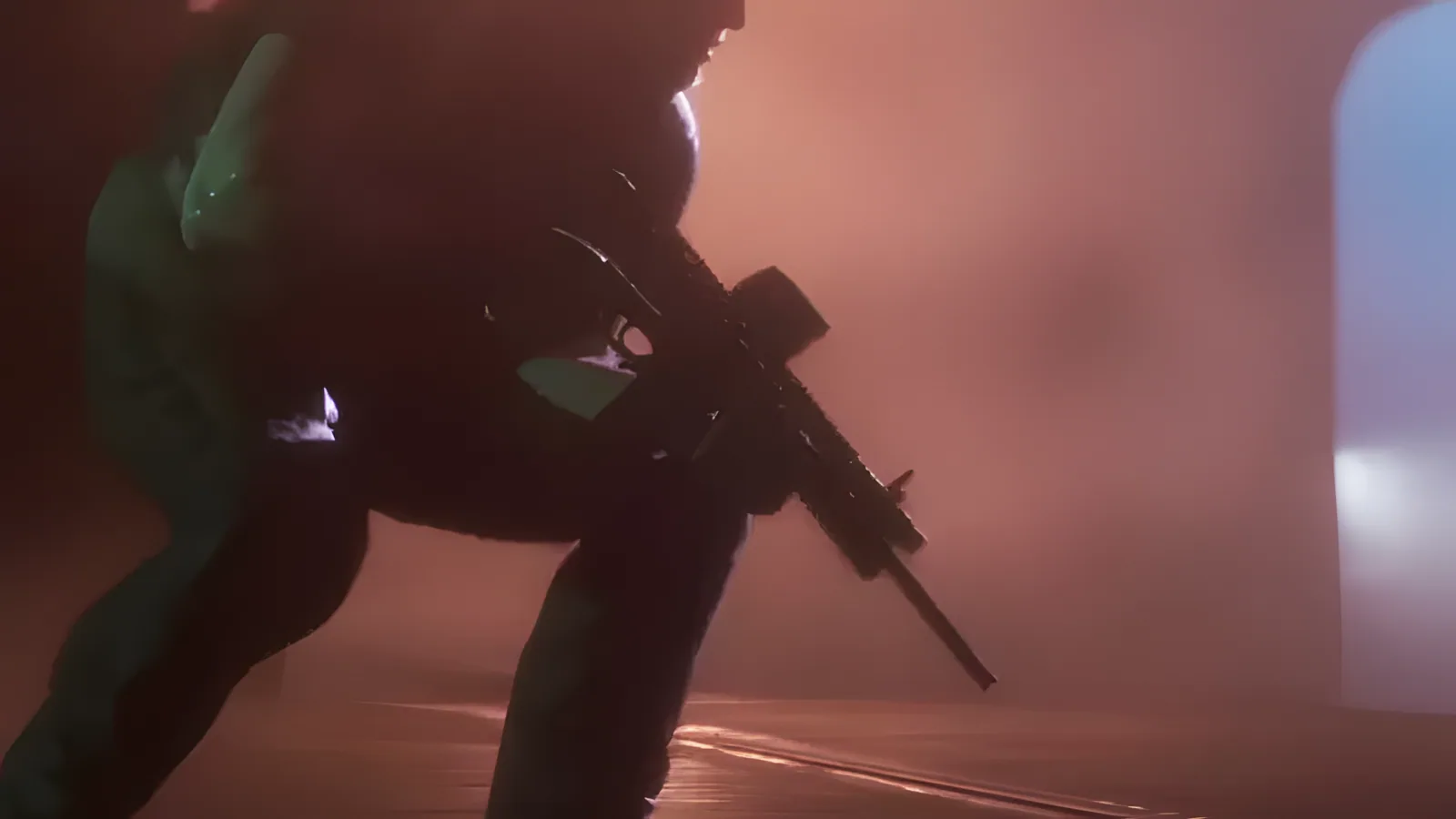 A crouching gunman holding a black assault rifle in a smoky, red-lit tunnel, from the GTA 6 Launch Trailer