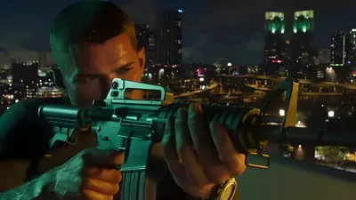 Man aiming a green-tinted AR-style rifle from a rooftop with a night city skyline behind him, from an official GTA 6 trailer frame