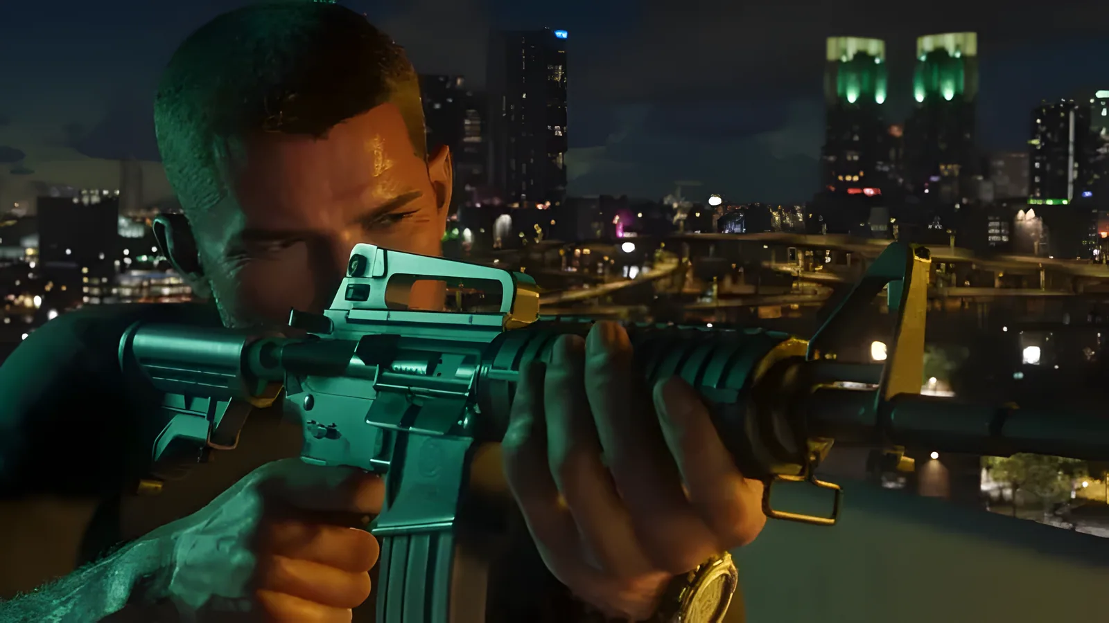Man aiming a green-tinted AR-style rifle from a rooftop with a night city skyline behind him, from an official GTA 6 trailer frame