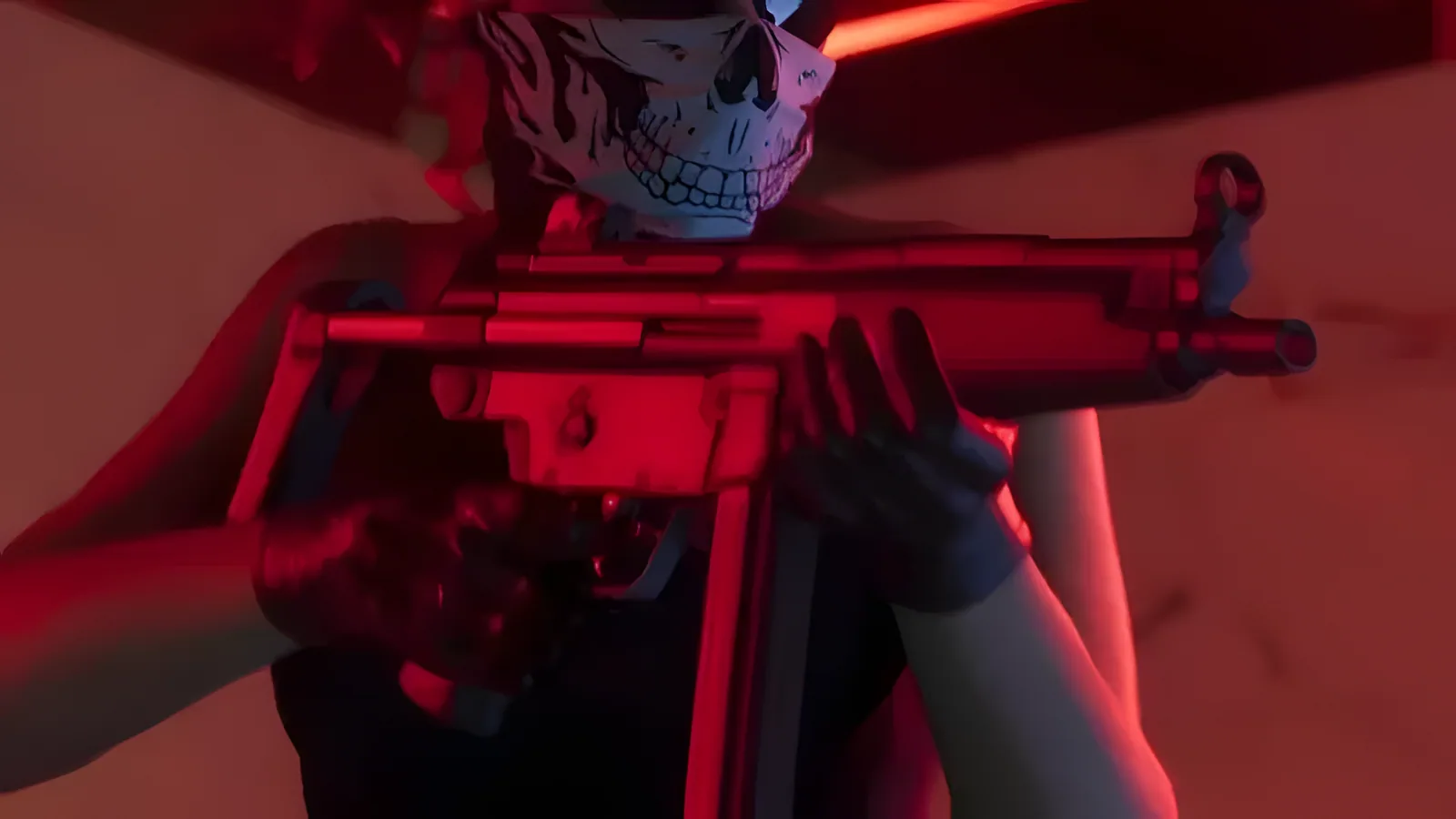 Person in a skull bandana aiming a red-lit submachine gun during a robbery, from the second official GTA 6 trailer