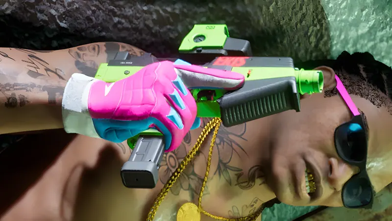 Overhead close-up of a tattooed man in sunglasses holding a bright green and pink compact submachine gun, from an official GTA 6 screenshot