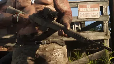 Shirtless tattooed man holding a scoped rifle in front of a No Trespassing sign, from an official GTA 6 screenshot